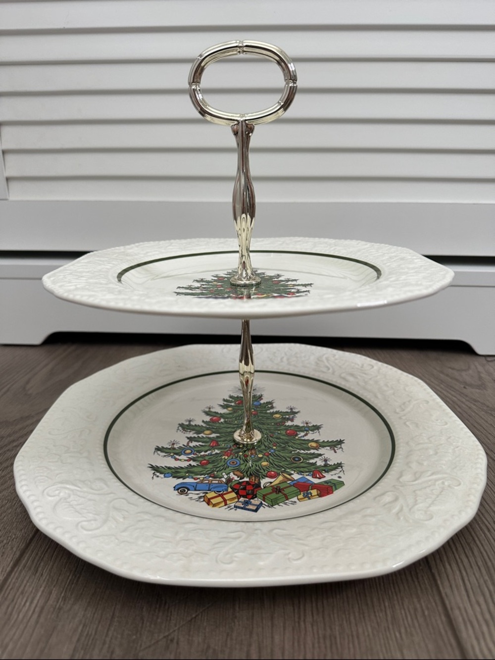 VTG Cuthbertson Dickens Christmas Tree Square Embossed 2 Tier Tidbit Desert Tray
